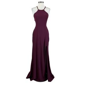 Avery G Backless Halter Evening Gown Wine Red Size 6 Sleeveless Thigh Slit Dress